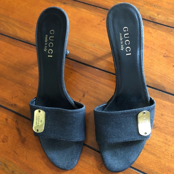 Gucci Kitten Heel Slide Sandal Denim 3” Gold Logo - Picture 6 of 8